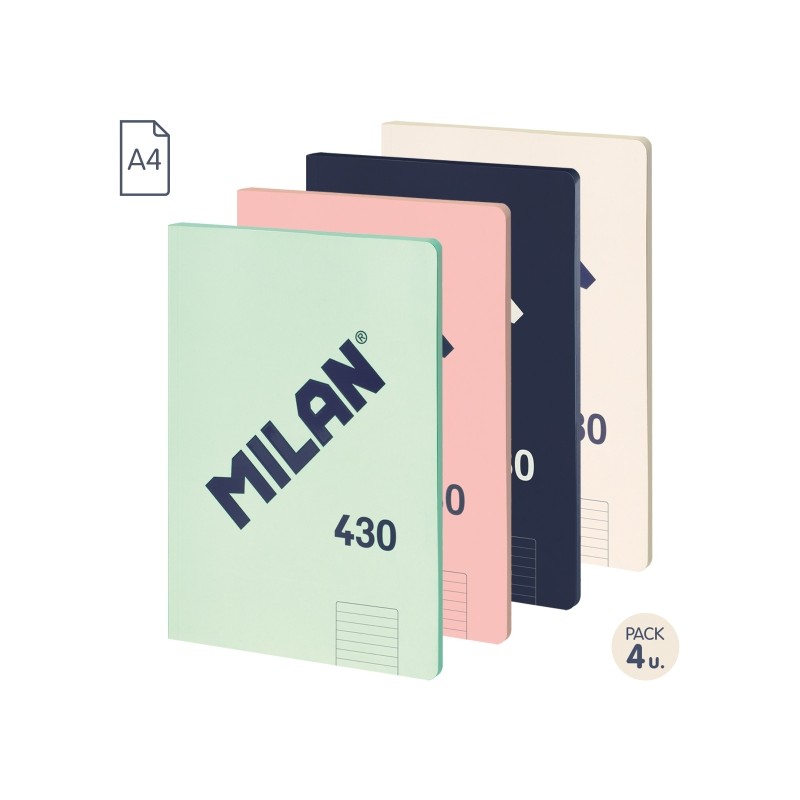 Milan 430 Since 1918 Confezione da 4 quaderni A4 rilegati - Carta a righe da 7 mm - 48 fogli da 95 g - Colori assortiti