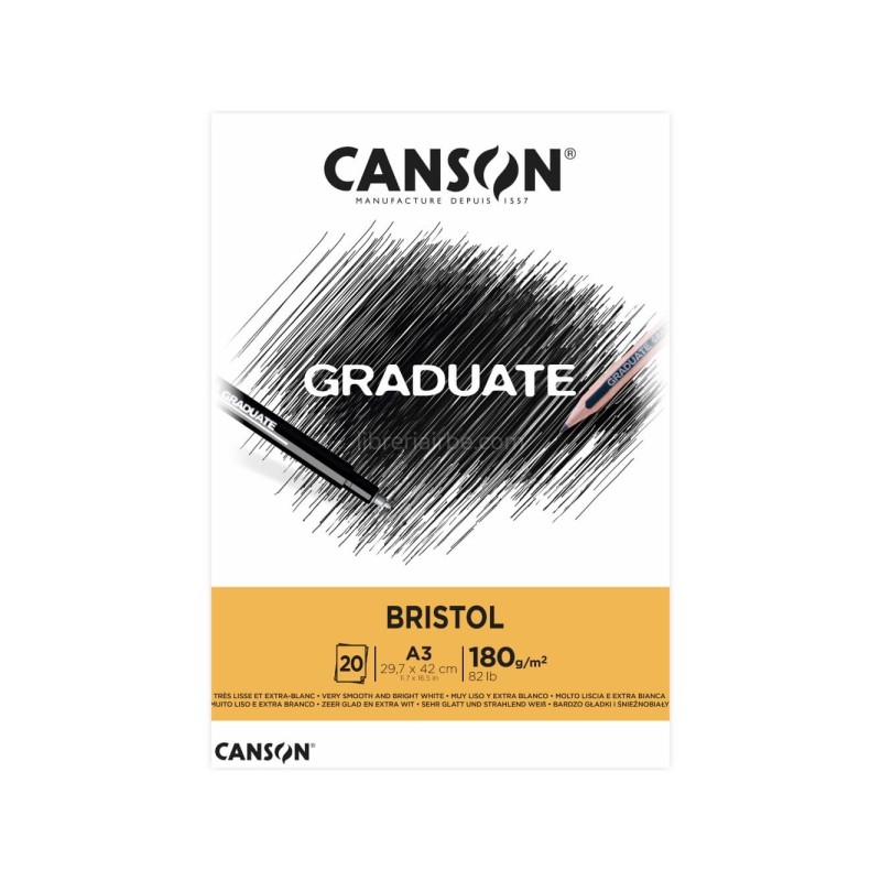 Canson Graduate Bristol Bloc incollato da 20 fogli A3 - 180 g - Extra liscio - Colore bianco
