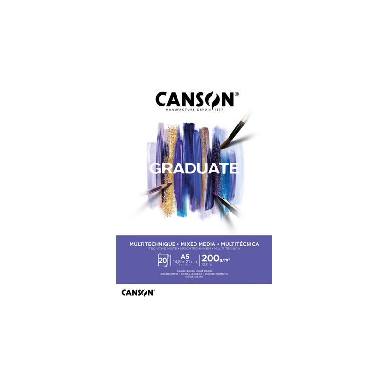 Canson Graduate Mix Media Bloc incollato. 20 fogli A5 da 200 g - Grana fine - Colore bianco