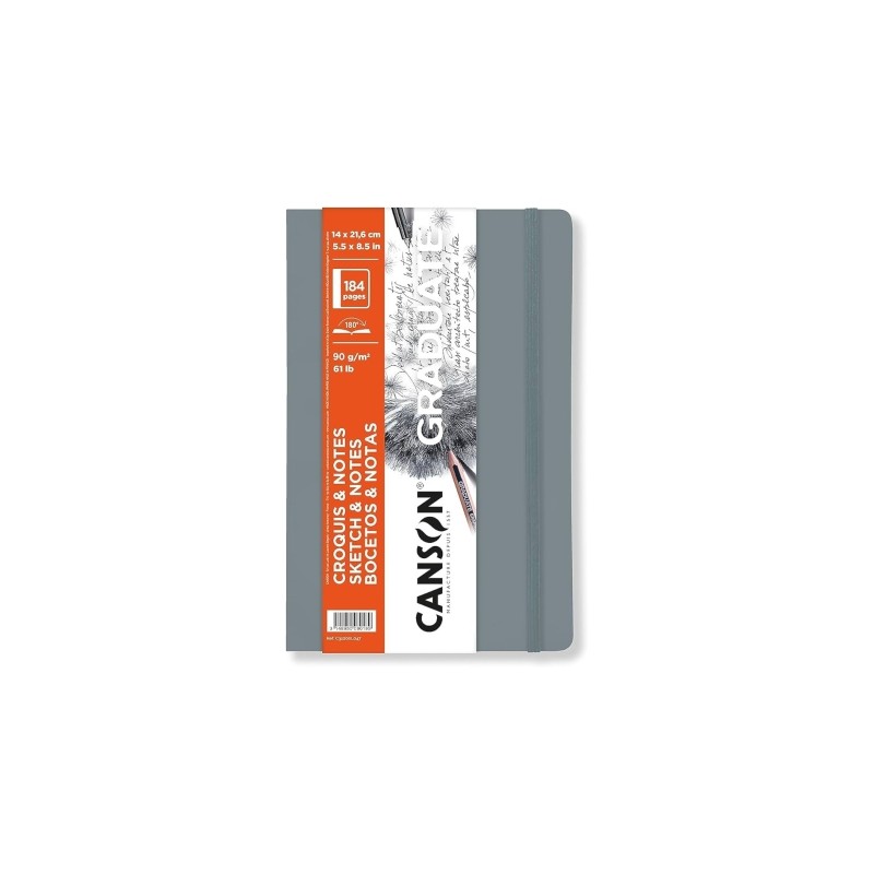 Canson Graduate Sketch Quaderno da 92 fogli - 14x21.6 cm - 90 g - Grana fine - Copertina morbida - Colore grigio chiaro