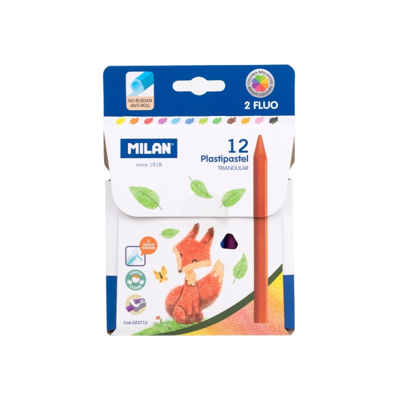Milan Plastipastel Confezione da 12 pastelli colorati triangolari - Contiene 2 pastelli fluo - Colori assortiti