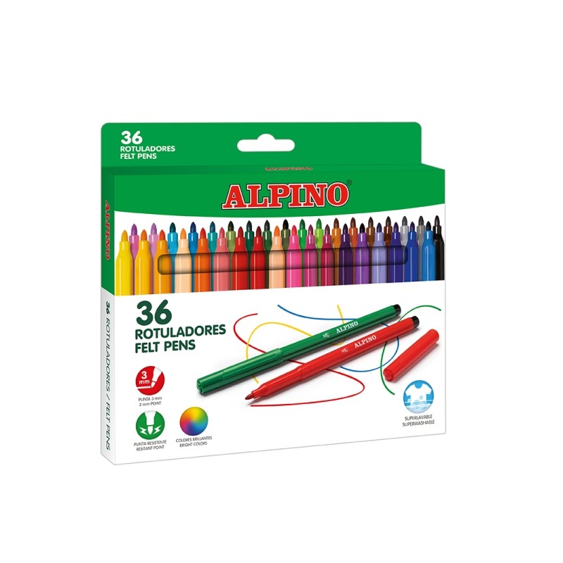 Confezione Alpino con 36 pennarelli colorati - Punta da 3 mm - Superlavabili e brillanti - Per la scuola - Stimola la cr