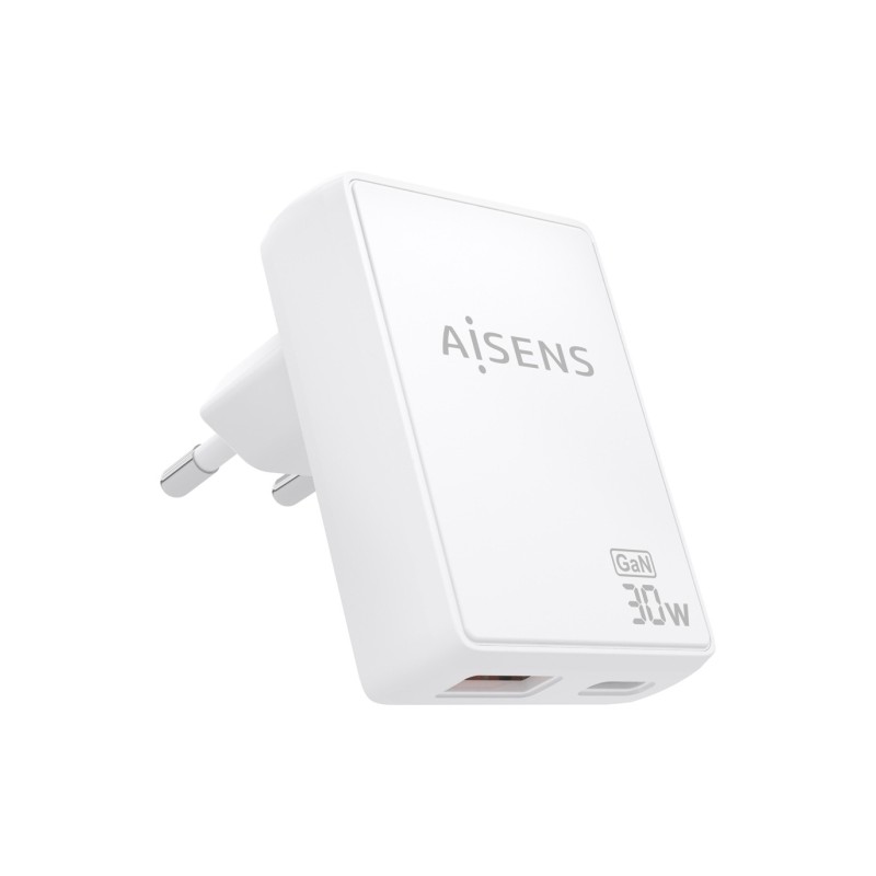 Aisens Caricabatterie GaN ultrasottile da 30 W - 1xUSB-C PD3.0 QC4.0 - 1xUSB-A QC3.0 - Tecnologia AI - Colore bianco