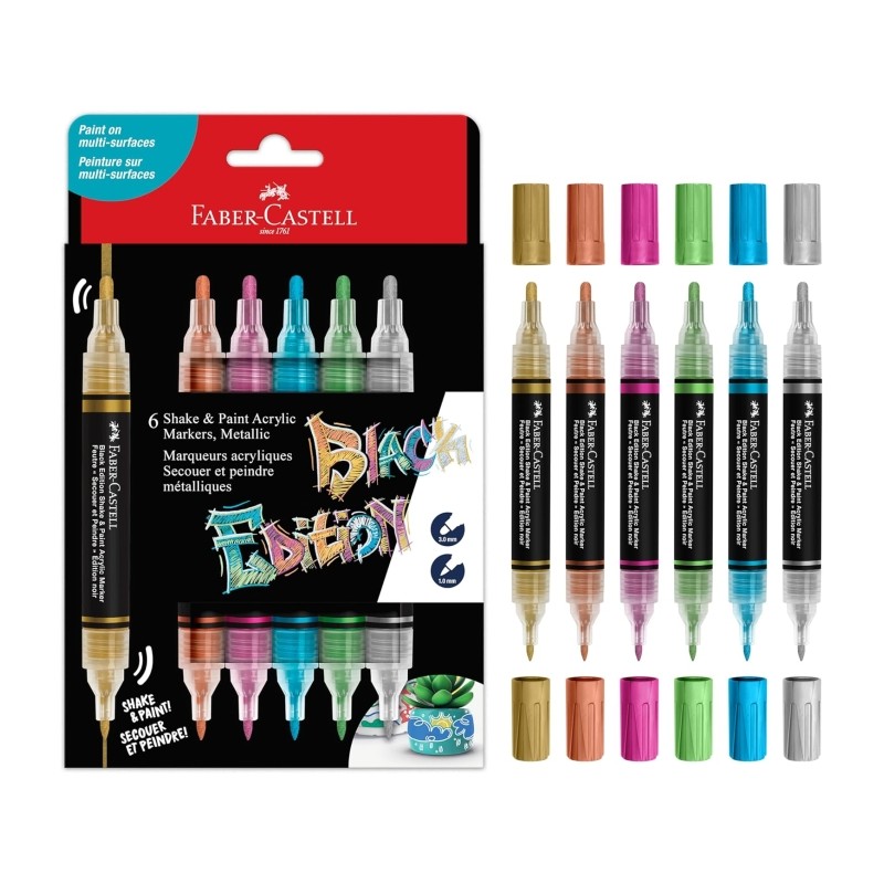 Faber-Castell Shake e Paint Black Edition - Confezione da 6 pennarelli acrilici a doppia punta - Punte rotonde da 1 mm e