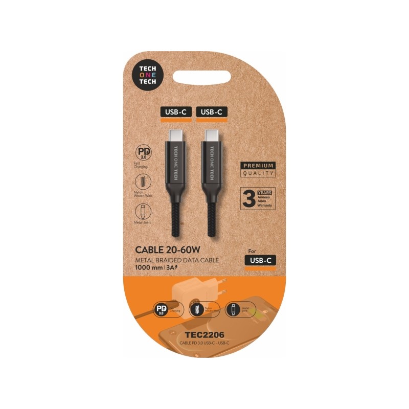 TechOneTech Cavo USB-C maschio - USB-C maschio da 1 m - Rivestito in nylon intrecciato nero