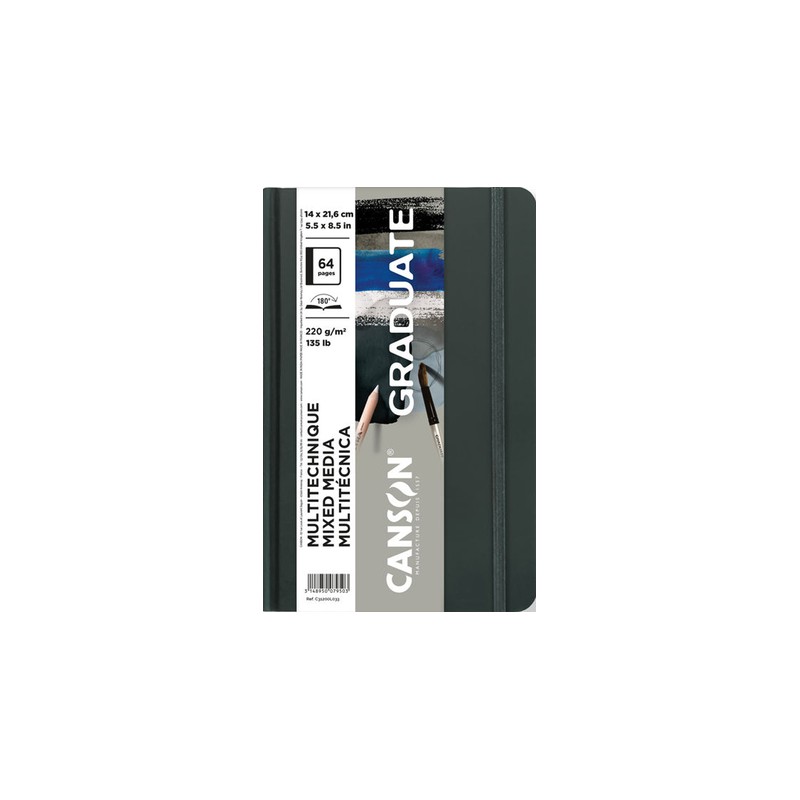 Quaderno Canson Graduate Mix Media con 32 fogli - 14x21.6 cm - 220 g - Grana fine - Colore grigio