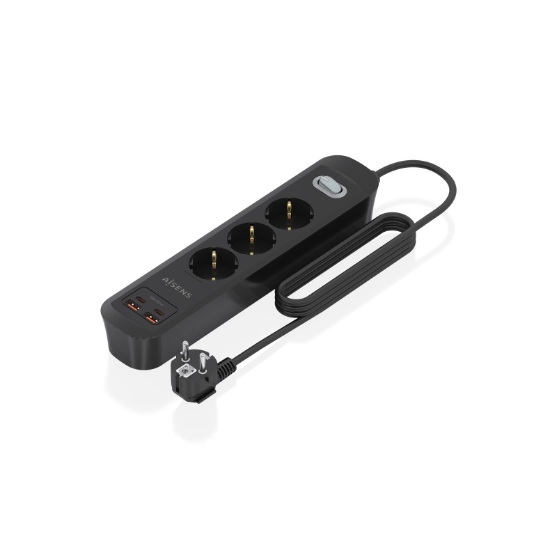 Aisens Multipresa con 3 prese Schuko - 2xUSB-C - 2xUSB-A - Cavo da 1.4 m - Interruttore con indicatore LED - Power Deliv