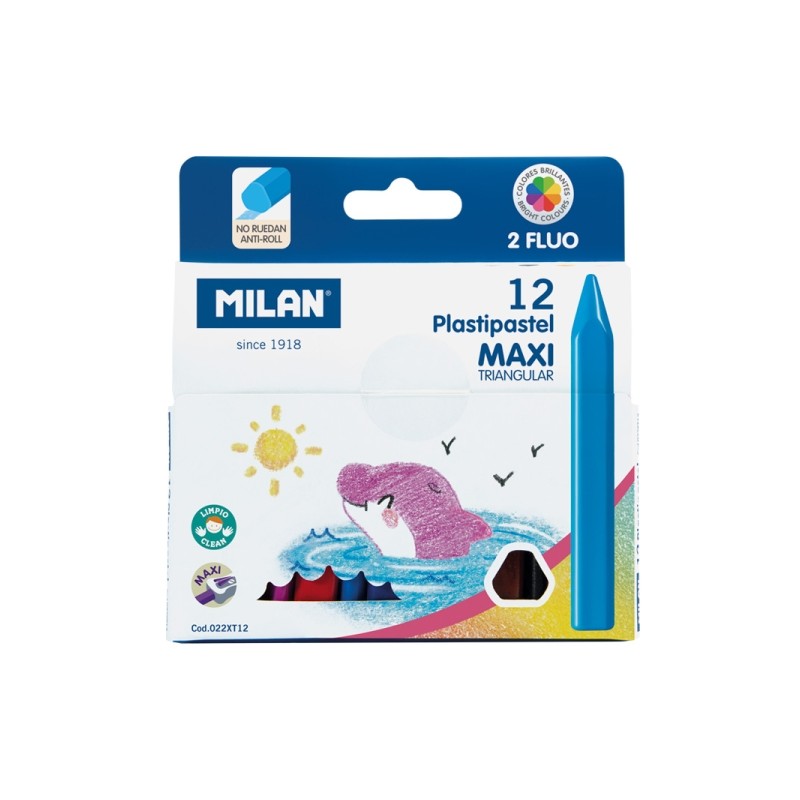 Milan Pastipastel Maxi Pack da 12 pastelli colorati triangolari - Contiene 2 pastelli fluorescenti - Colori assortiti