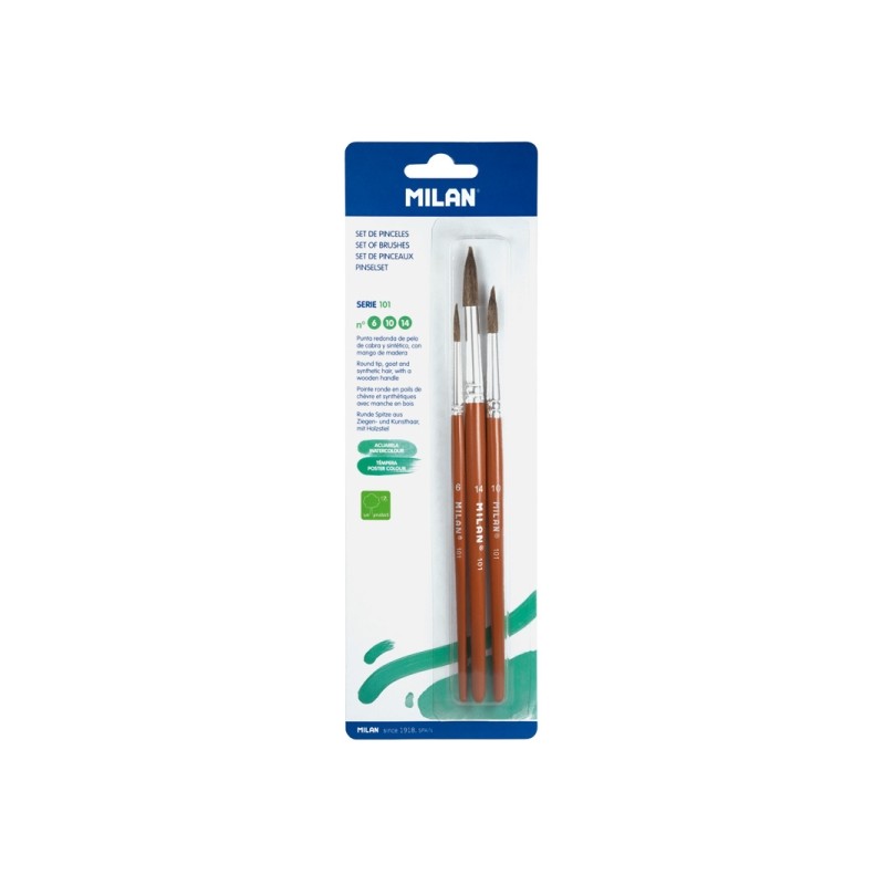 Milan 101 Confezione da 3 pennelli rotondi - Formati assortiti - Setole di capra e sintetiche - Colore legno scuro