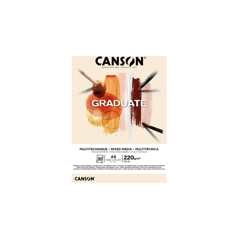 Canson Graduate Mix Media Bloc incollato. 30 fogli. formato A5 - 220 g - grana fine - colore ocra