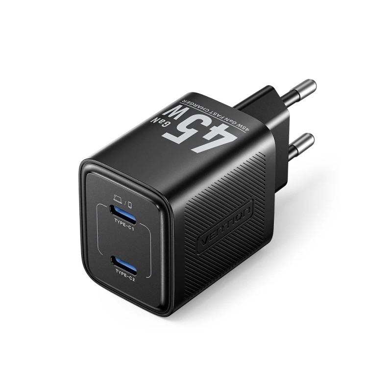 Caricabatterie da muro Vention - 45 W - GaN - 2xUSB-C - Power Delivery 3.0 - Qualcomm 3.0 - Ricarica rapida - Colore: ne