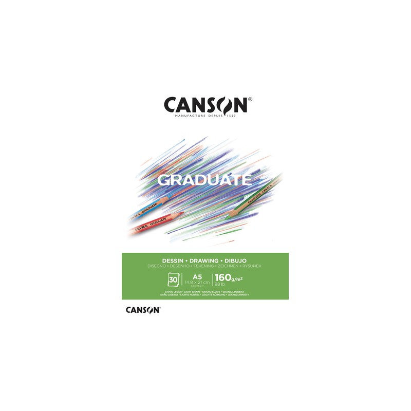 Blocco da disegno Canson Graduate incollato. 30 fogli. formato A5 - 160 g - grana fine - colore bianco naturale