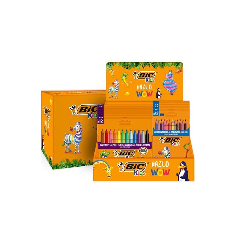 Bic Kids Espositore da 12 confezioni da 12 pennarelli Couleur + 12 confezioni da 12 matite colorate Evolution Stripes - 