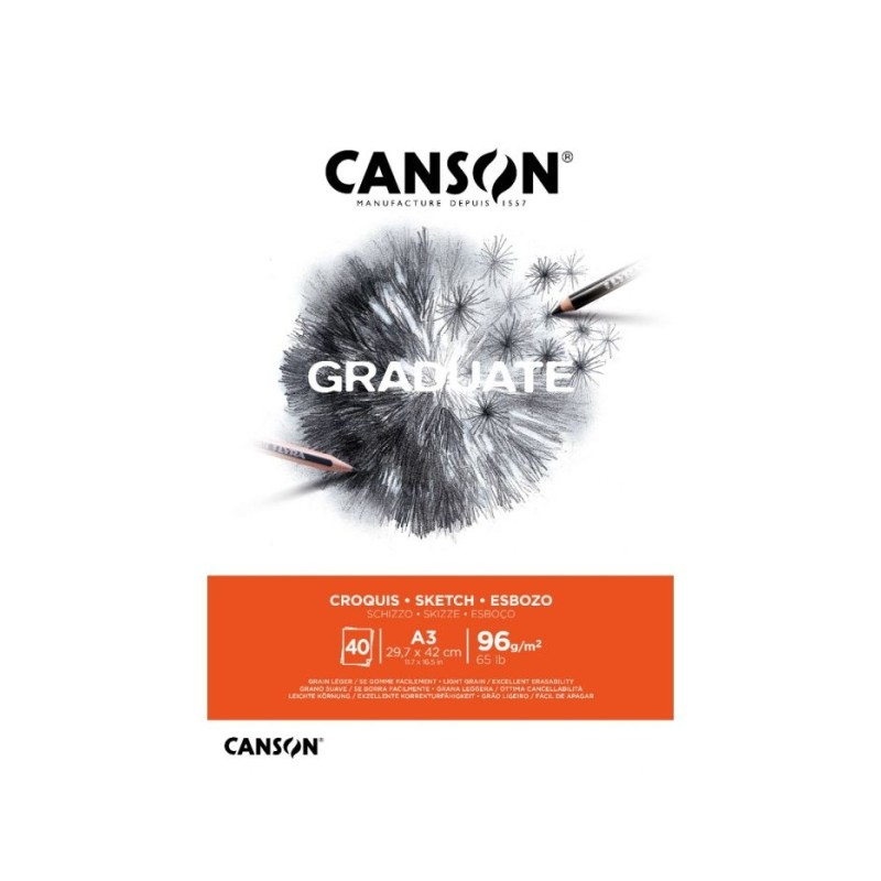 Blocco da disegno Canson Graduate incollato. 40 fogli A3 - 96 g - Grana fine - Colore bianco