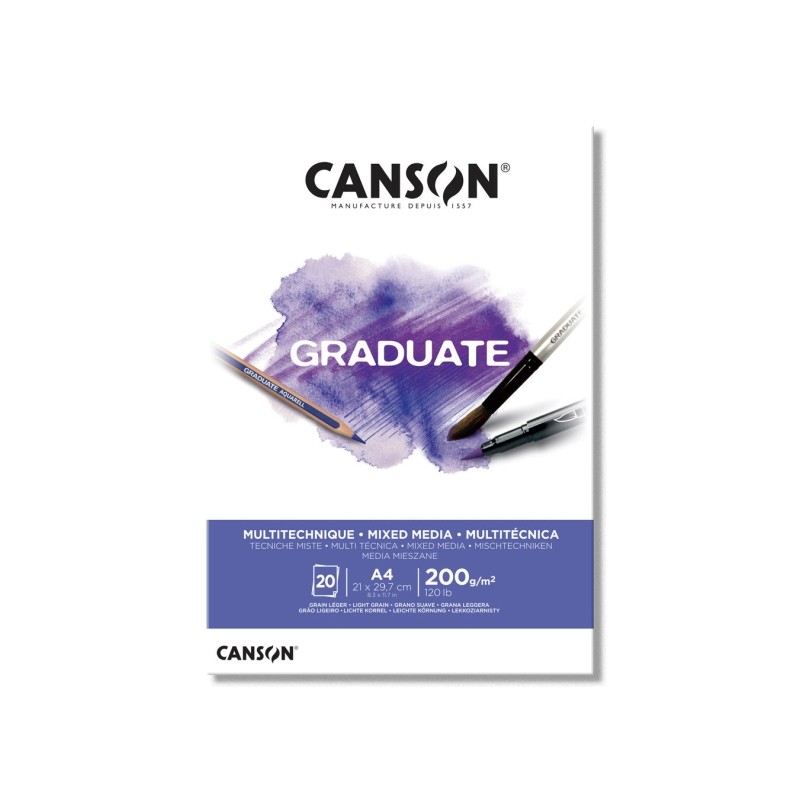 Canson Graduate Mix Media Bloc incollato. 20 fogli A4 da 200 g - Grana fine - Colore bianco