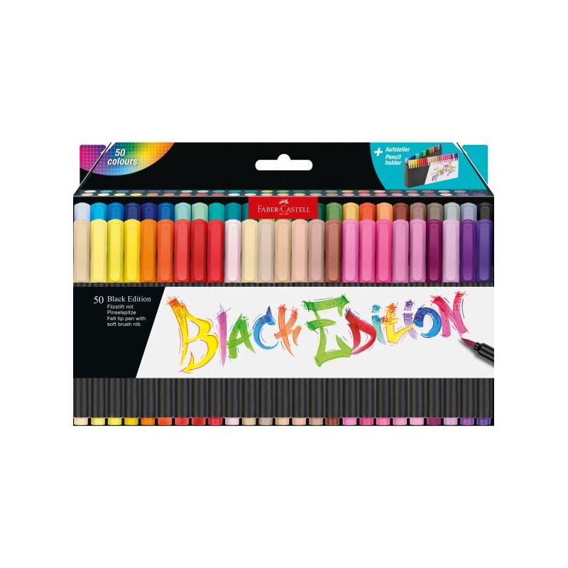 Faber-Castell Black Edition - Confezione da 50 pennarelli a punta di pennello - Inchiostro a base di coloranti alimentar