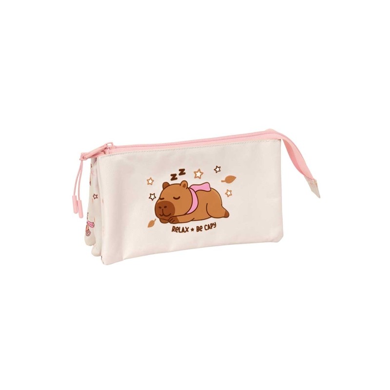 Safta Capibara Borsa multiuso - 3 scomparti con cerniera - Tasca interna centrale - 22x12x3 cm - Colore rosa pastello