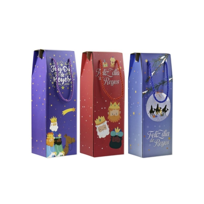 Scatola/borsa di cartone Bismark con manico per bottiglie I Re Magi - Dimensioni 13x36x10 cm - 3 diversi modelli a caso