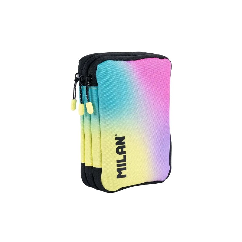 Set di cancelleria Milan Sunset a 3 scomparti con gomma. temperamatite. matita. 3 penne a sfera P1. righello. 12 matite 