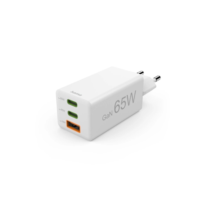 Caricabatterie da muro Hama - Potenza 65 W - 2 porte USB-C - USB-A - Power Delivery - Qualcomm - GaN - Colore: bianco