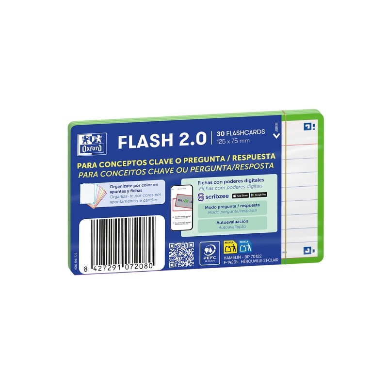 Oxford Confezione da 30 FlashCards 2.0 - Formato A7 - Righe orizzontali a 1 riga - Cartoncino da 250 g - Digitalizzazion