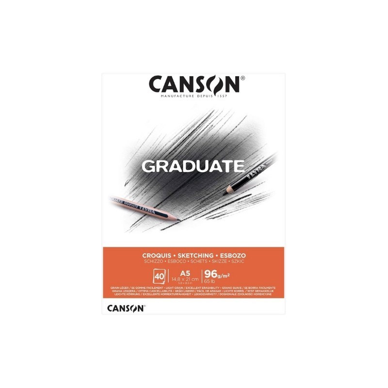 Blocco da disegno Canson Graduate con rilegatura incollata. 40 fogli A4 - 96 g - Grana fine - Colore bianco