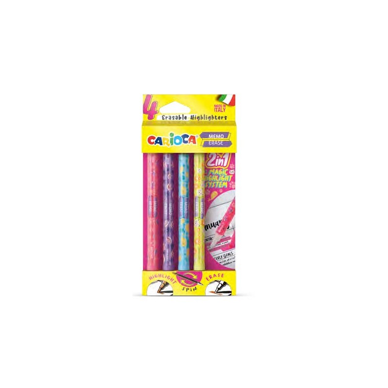 Carioca Memo Erase 2 in 1. confezione da 4 pennarelli - Una punta sottolinea e l'altra cancella il colore - Colori assor
