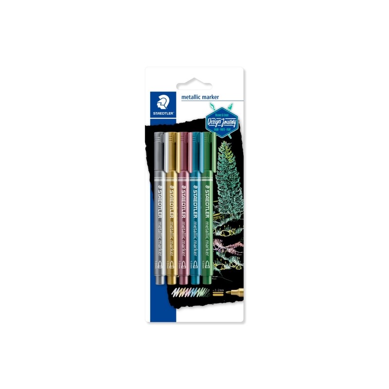 Staedtler Metallic Pen. confezione da 5 pennarelli a punta fine - Spessore tratto 1 - 2 mm - Inchiostro a base d'acqua -