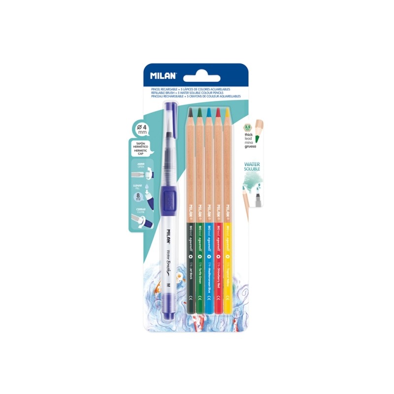 Milan Water Brush Pack: pennello ricaricabile + 5 matite acquerellabili - Mina spessa - Colore blu