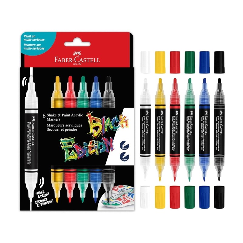 Faber-Castell Shake e Paint Black Edition - Confezione da 6 pennarelli acrilici a doppia punta - Punte rotonde da 1 mm e