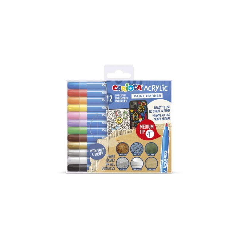 Carioca Acrylic Pack da 12 pennarelli acrilici - Punta media - Inchiostro a base d'acqua - Elevata coprenza - Colori ass
