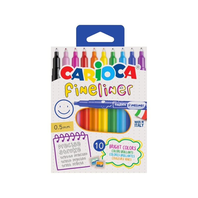 Carioca Fineliner. confezione da 10 pennarelli - Punta bianca in acetalica da 0.5 mm - Colori assortiti