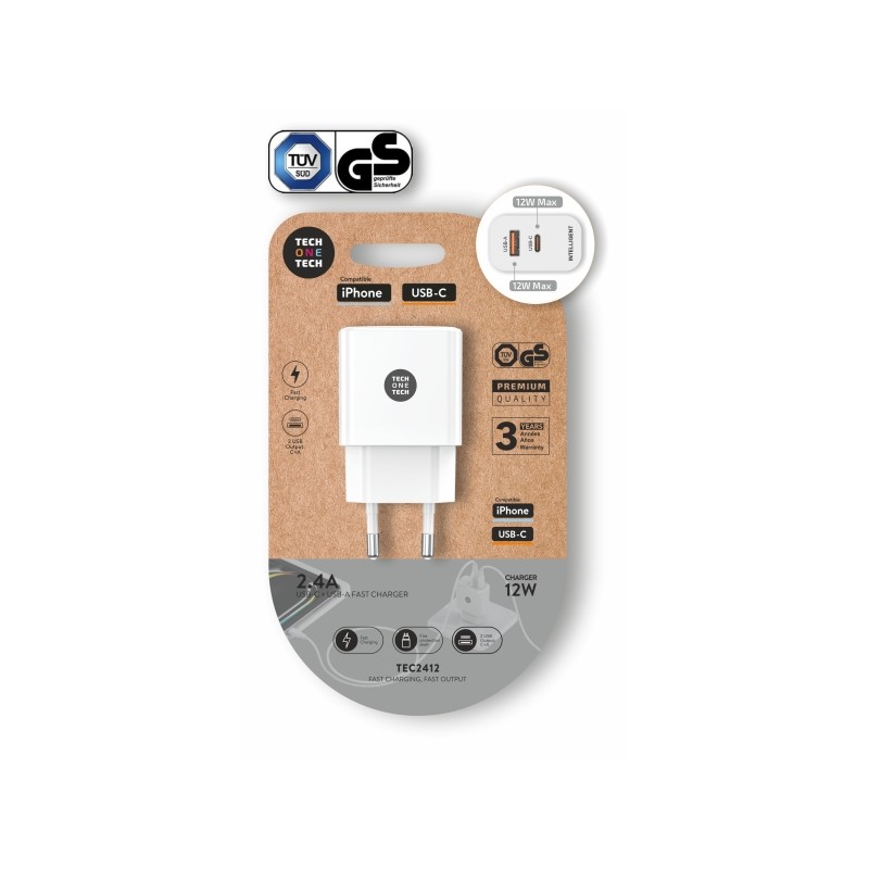 TechOneTech Caricatore da parete doppio da USB-A a USB-C  12 W Bianco