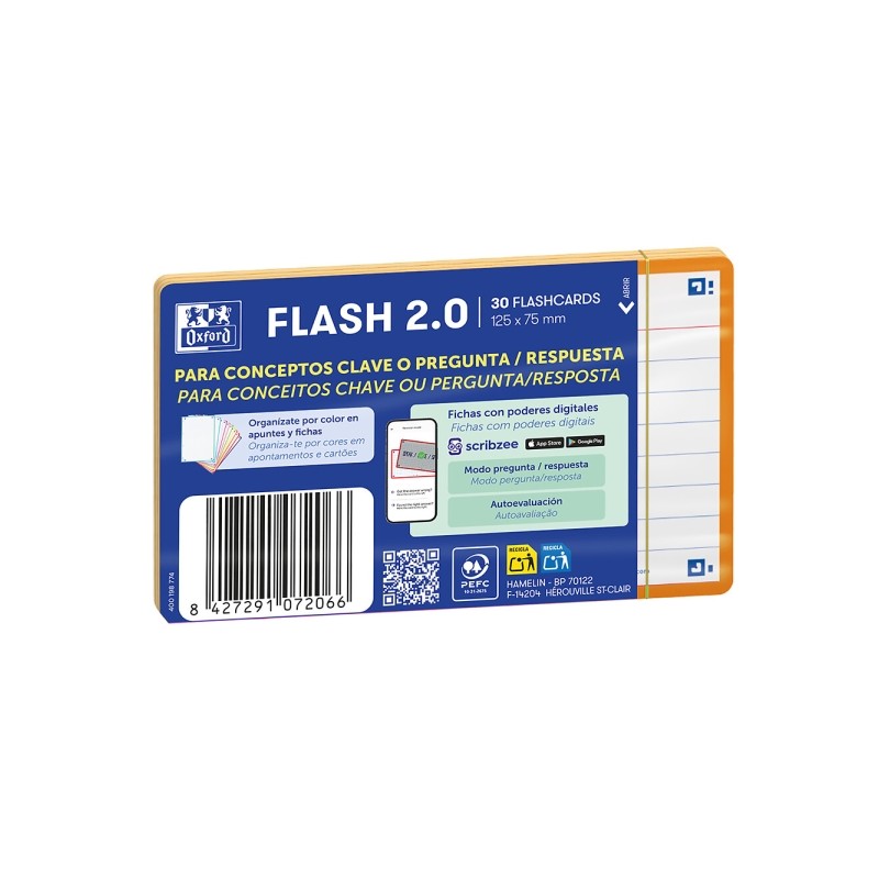 Oxford Confezione da 30 FlashCards 2.0 - Formato A7 - Righe orizzontali a 1 riga - Cartoncino da 250 g - Digitalizzazion