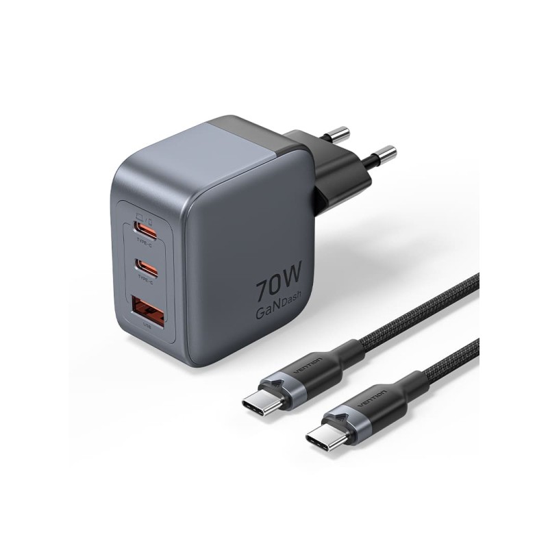 Caricabatterie da parete Vention - 70 W - GaN - Cavo da 1 m incluso - 2 porte USB-C - USB-A - Ricarica rapida PD - Tecno