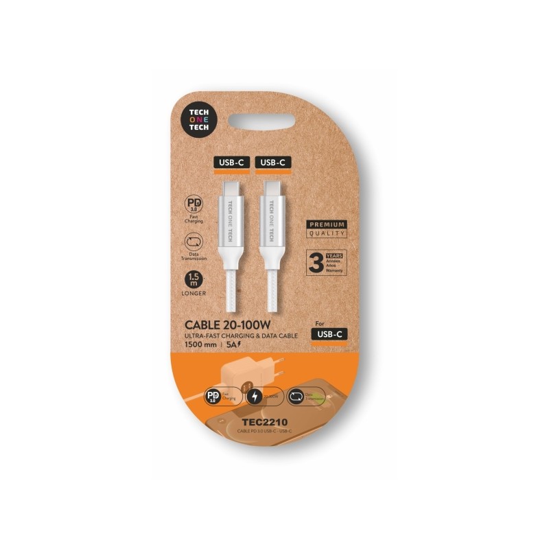 TechOneTech Cavo USB-C maschio - USB-C maschio da 1 m - Rivestito in nylon intrecciato bianco