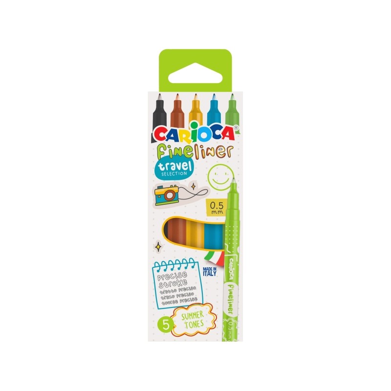 Carioca Fineliner Travel Pack da 5 pennarelli - Punta bianca in acetalica da 0.5 mm - Colori assortiti