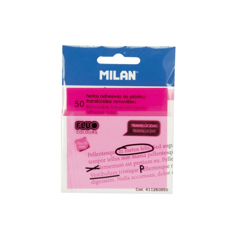Milan Fluo Confezione da 50 post-it - Traslucidi - Rimovibili - 76x76 mm - Colore rosa