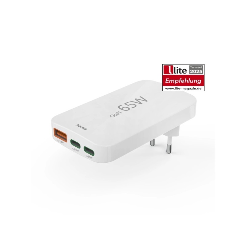 Caricabatterie da muro Hama - Potenza 65 W - 2 porte USB-C - USB-A - Power Delivery - Qualcomm - Colore: bianco