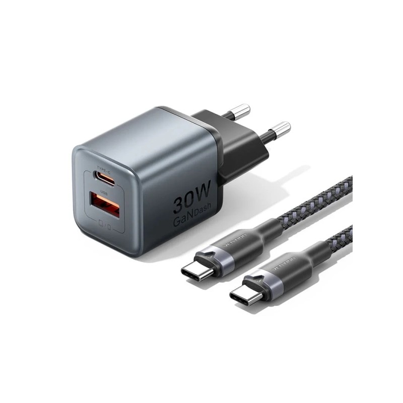 Caricabatterie da parete Vention - 30 W - GaN - Cavo da 1 m incluso - USB-C - USB-A - Power Delivery 3.0 - Qualcomm 3.0 