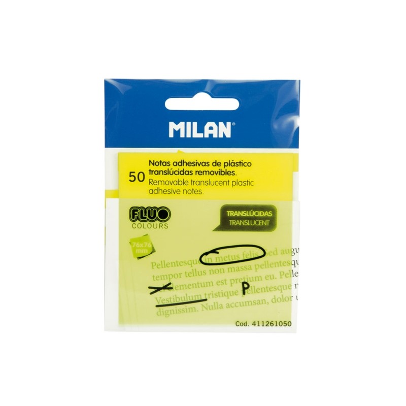 Milan Fluo Confezione da 50 foglietti adesivi - Traslucidi - Rimovibili - 76x76 mm - Colore giallo