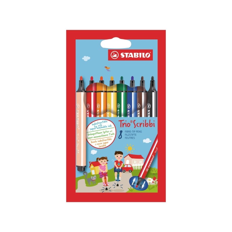 Confezione Stabilo Trio Scribbi con 8 pennarelli - Spessore del tratto: 1.5-2 mm - Forma triangolare - Inchiostro super 