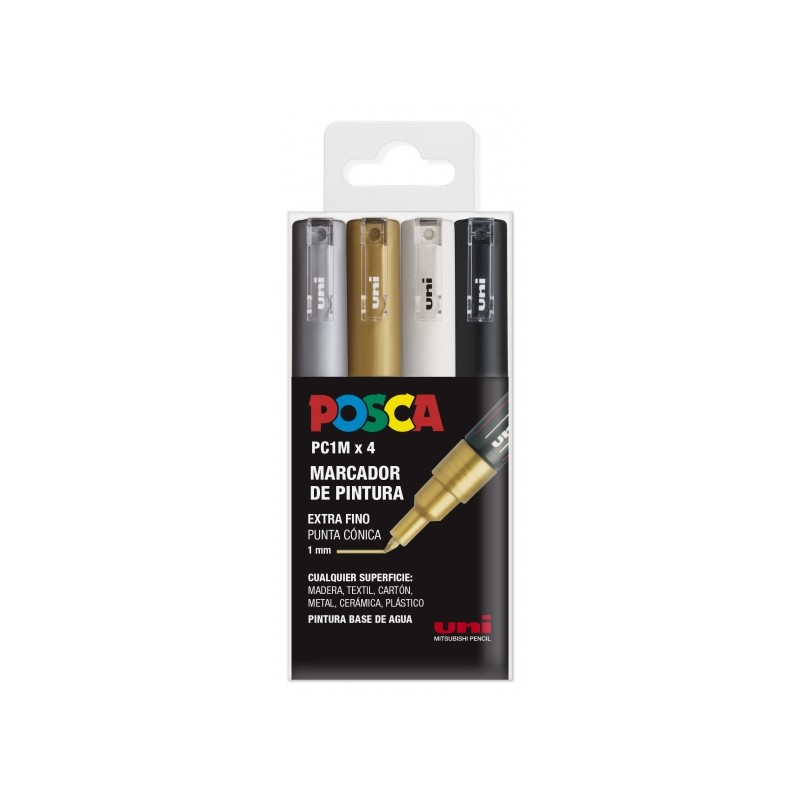 Posca PC1M Confezione da 4 pennarelli a vernice - Punta conica da 0.7 mm - Inchiostro a base d'acqua - Non permanente - 