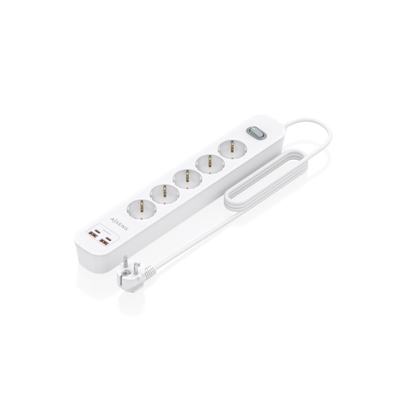 Aisens Multipresa con 5 prese Schuko - 2xUSB-C - 2xUSB-A - Cavo da 1.4 m - Interruttore con indicatore LED - Power Deliv