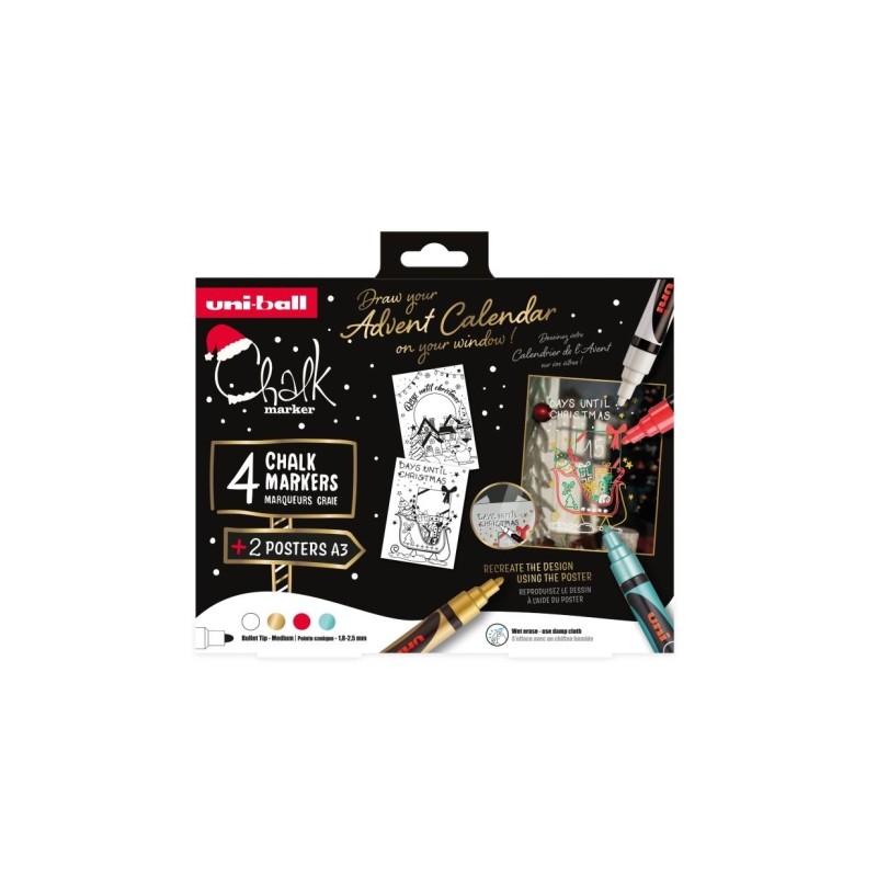 Uni-ball Chalk Colori di Natale - Confezione da 4 pennarelli a gesso liquido + poster - Punta conica 1.8-2.5 mm - Cancel