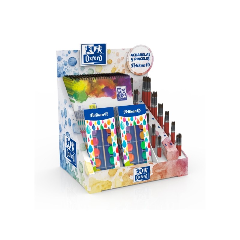 Espositore Oxford con 10 blocchi da acquerello A4 - Espositore con 10 astucci da acquerello F355 - Pennelli di diverse d
