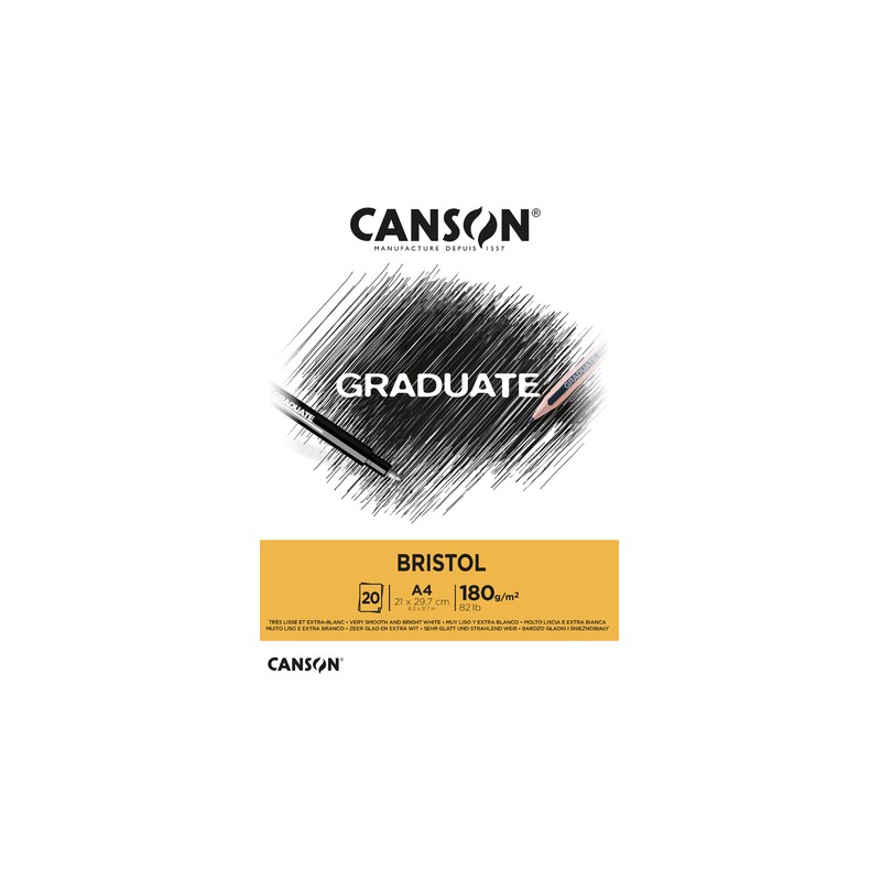 Blocco Canson Graduate Bristol incollato da 20 fogli A4 - 180 g - Extra liscio - Colore bianco