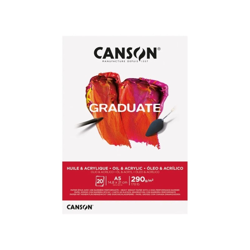 Blocco incollato Canson Graduate per olio e acrilico. 20 fogli formato A5 - 290 g - grana fine - colore bianco