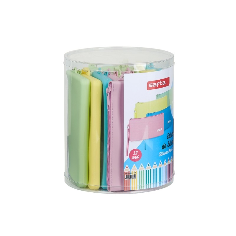 Safta Confezione da 12 astucci piatti - Scatola cilindrica in PVC trasparente - Silicone di alta qualità - Flessibile -