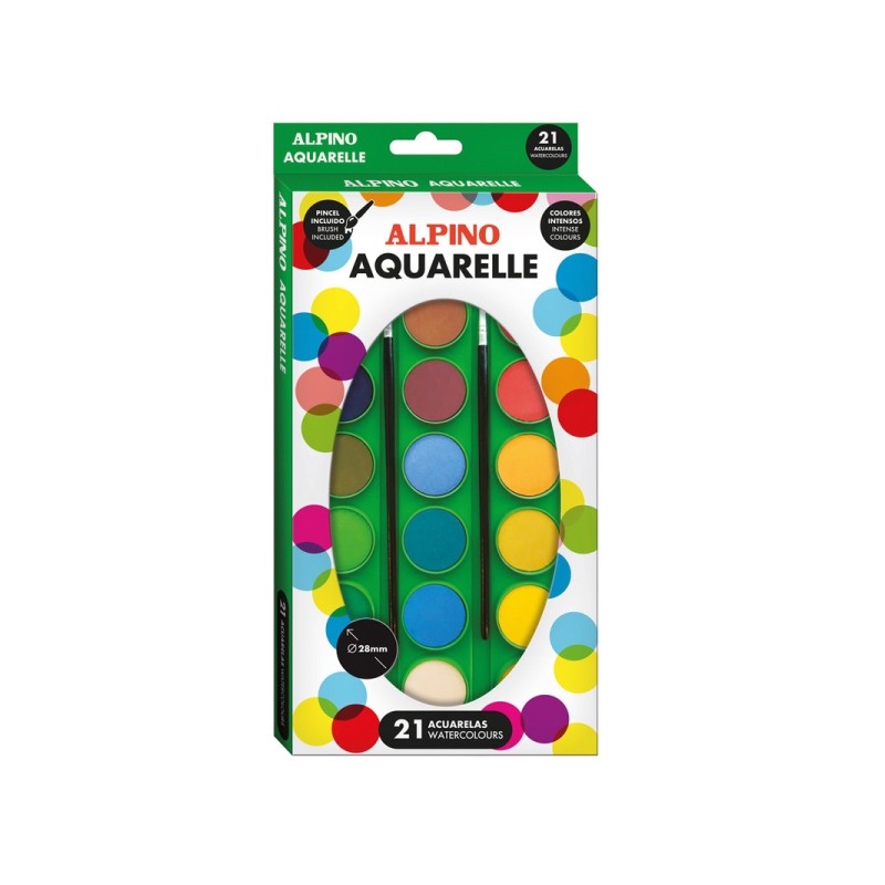 Set Alpino da 21 acquerelli + 2 pennelli - Diametro 28 mm - Colori assortiti